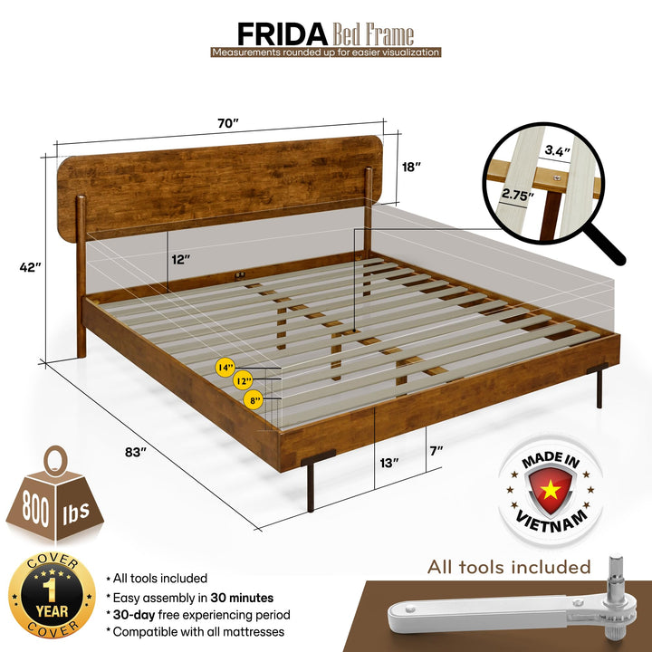 Frida Queen Bed Frame with Tall Headboard, Solid Wood Platform Bed Caramel, Quick &amp; Easy Assembly, No Box Spring Needed, Compatible with All Mattresses 