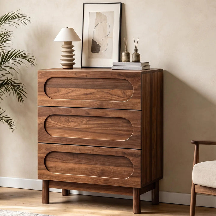 Mid Century Modern 3 Drawer Nightstand, Walnut 