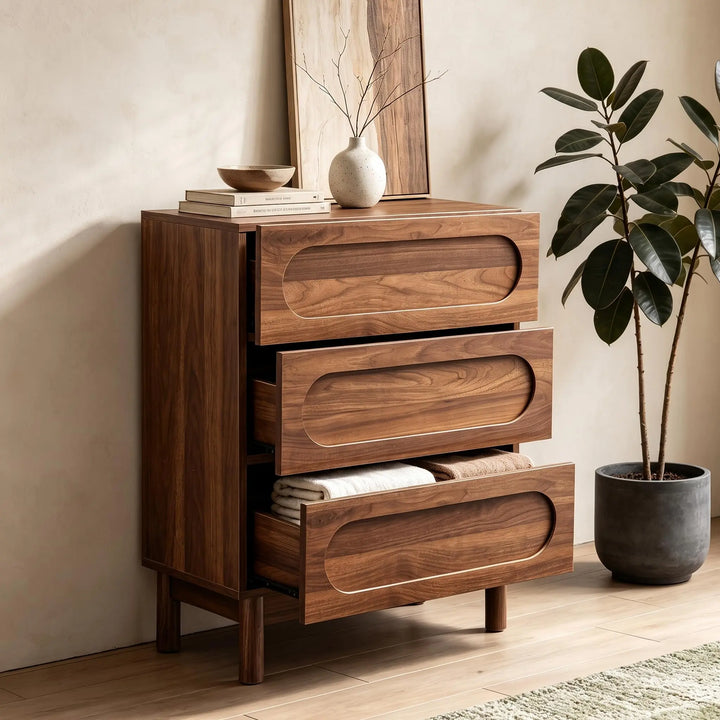 Mid Century Modern 3 Drawer Nightstand, Walnut 