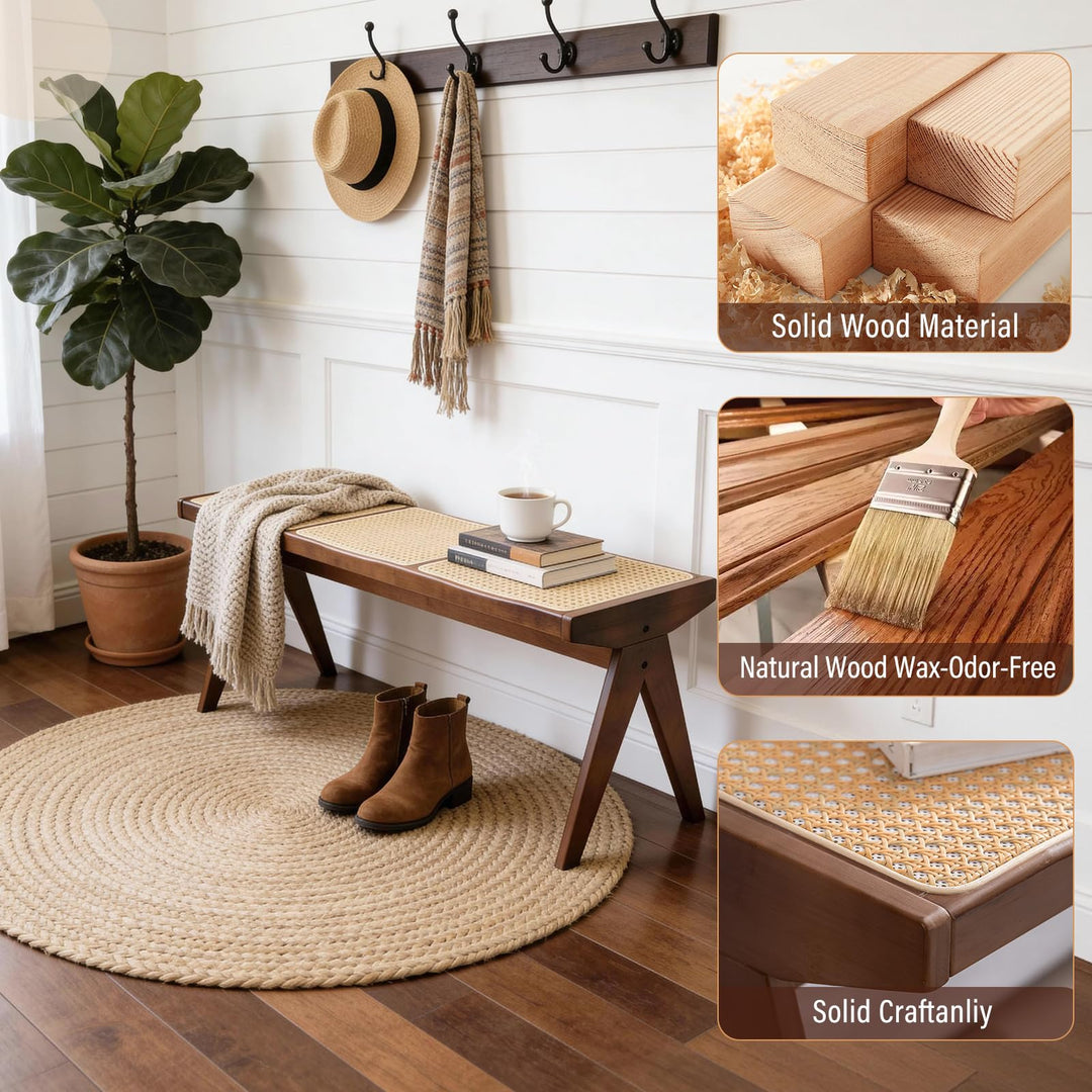 Furlide Wooden Rattan Bench for Entryway, 49” Farmhouse Solid Wood Indoor Bench with Woven Cane Seat, Mid Century - Walnut 