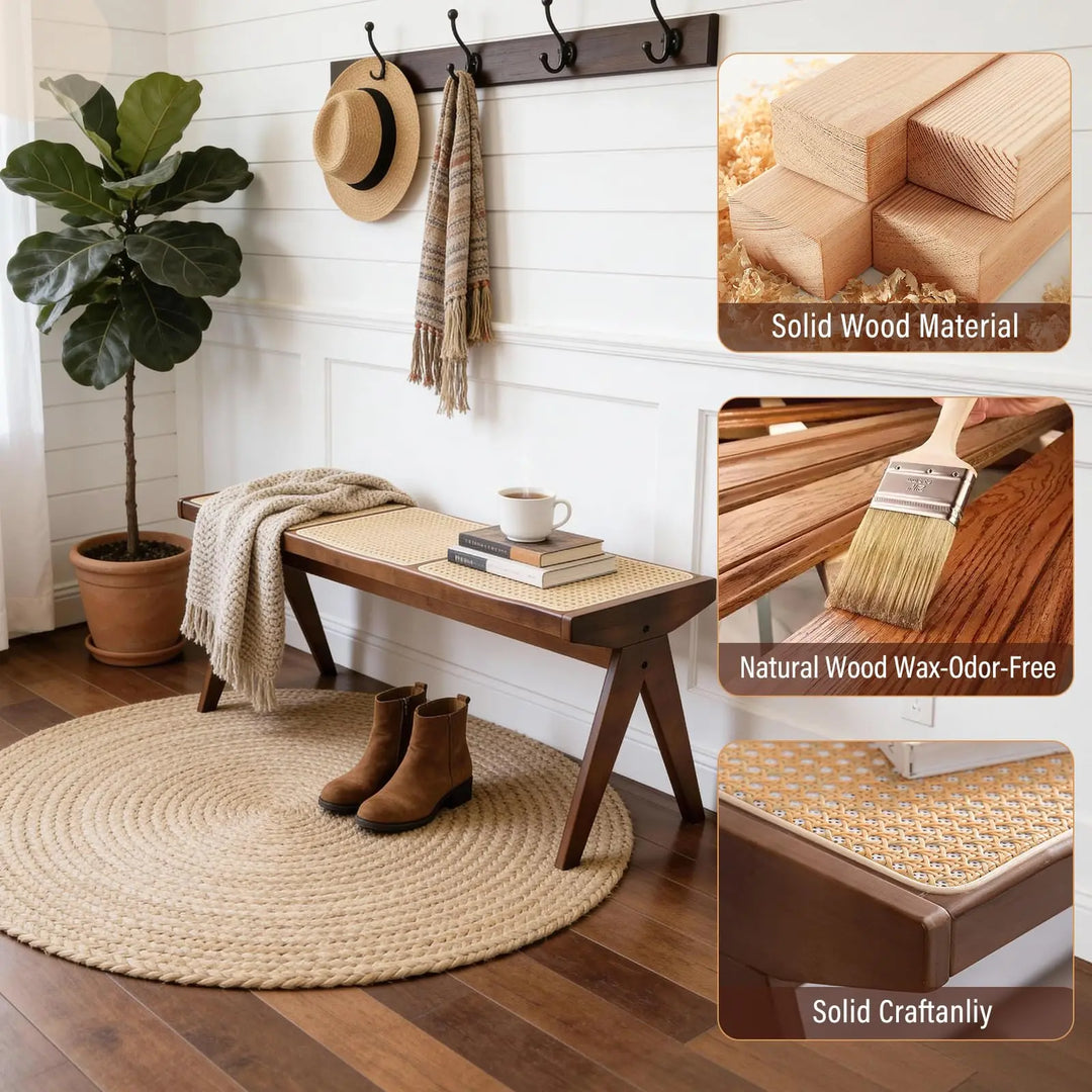 Furlide Wooden Rattan Dining Bench for Entryway, 49”Farmhouse Solid Wood Indoor Bench with Woven Cane Seat, Mid Century Bed End for Bedroom, Hallway, Living Room，Walnut
