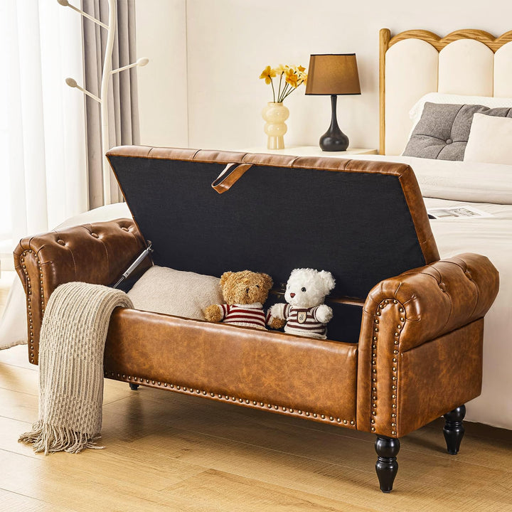 Furnimart Storage Bedroom Bench for End of Bed, Faux Leather Upholstered Storage Ottoman with Rolled Arms for Bedroom,Living Room, Entryway, 2.5Cubic Feet 