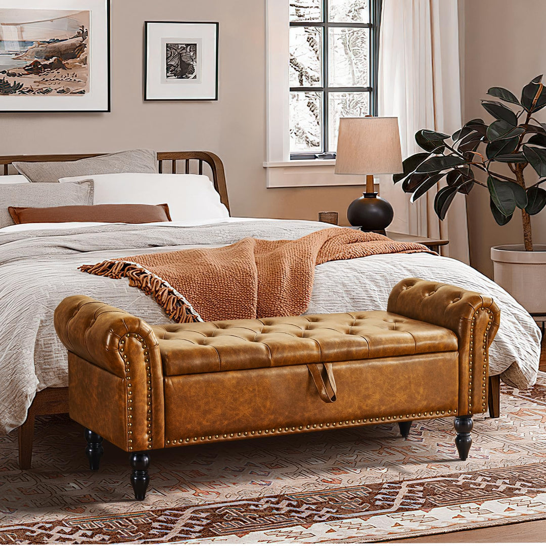 Furnimart Storage Bedroom Bench for End of Bed, Faux Leather Upholstered Storage Ottoman with Rolled Arms for Bedroom,Living Room, Entryway, 2.5Cubic Feet 
