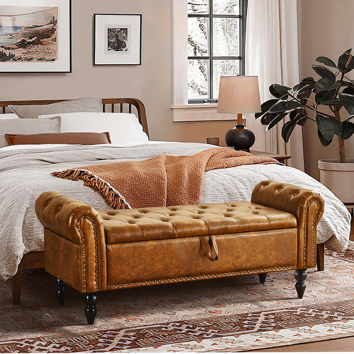 Furnimart Storage Bedroom Bench for End of Bed, Faux Leather Upholstered Storage Ottoman with Rolled Arms for Bedroom,Living Room, Entryway, 2.5Cubic Feet 