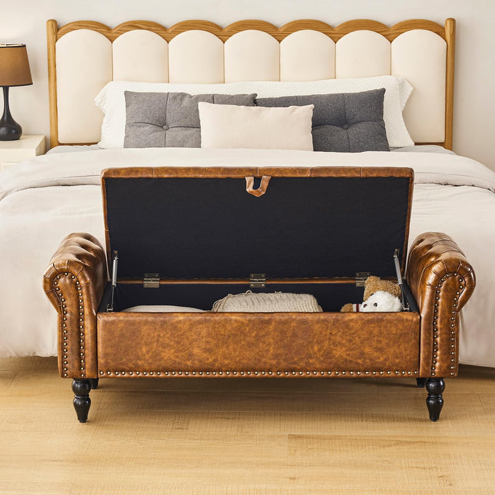 Furnimart Storage Bedroom Bench for End of Bed, Faux Leather Upholstered Storage Ottoman with Rolled Arms for Bedroom,Living Room, Entryway, 2.5Cubic Feet 