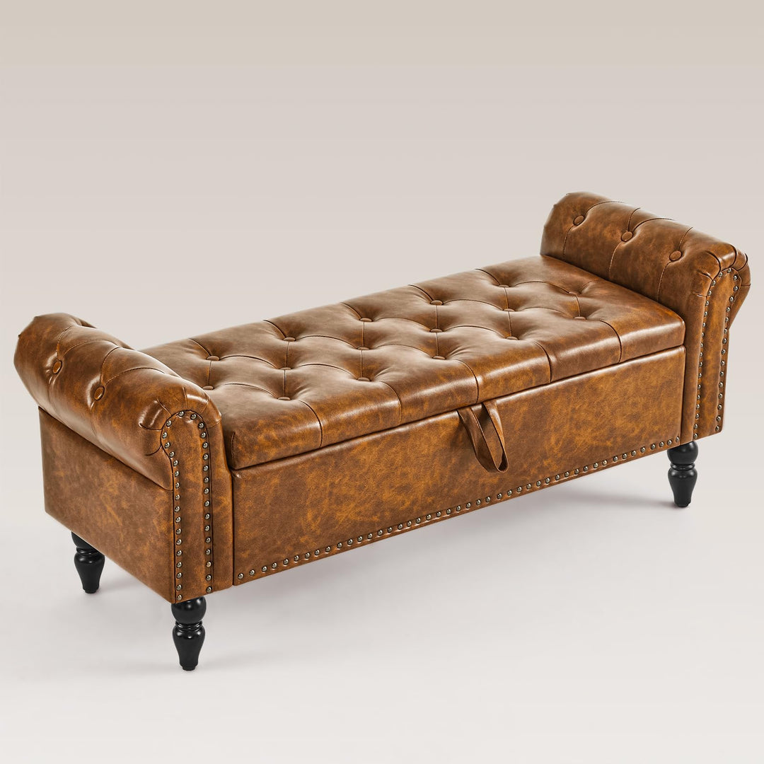 Furnimart Storage Bedroom Bench for End of Bed, Faux Leather Upholstered Storage Ottoman with Rolled Arms for Bedroom,Living Room, Entryway, 2.5Cubic Feet 