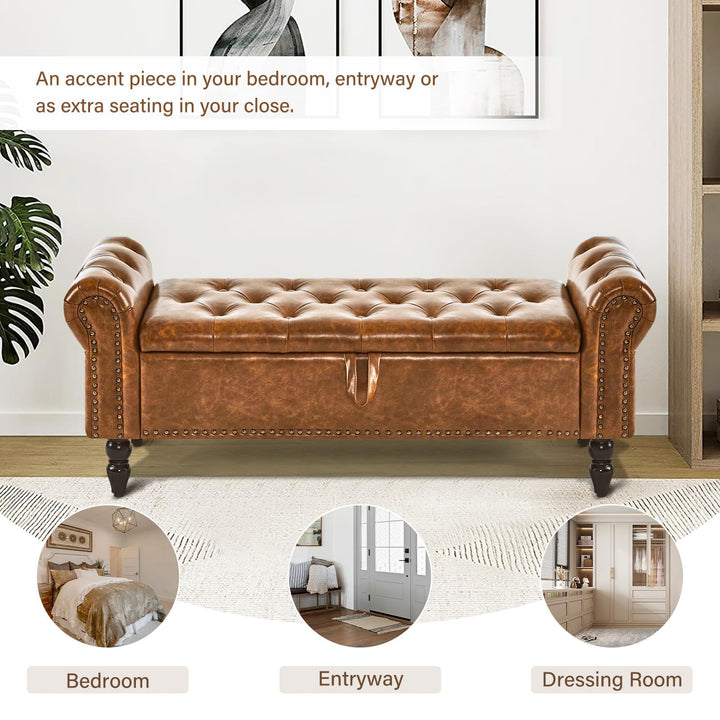 Furnimart Storage Bedroom Bench for End of Bed, Faux Leather Upholstered Storage Ottoman with Rolled Arms for Bedroom,Living Room, Entryway, 2.5Cubic Feet 