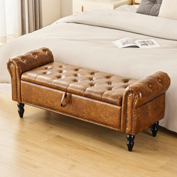 Furnimart Storage Bedroom Bench for End of Bed, Faux Leather Upholstered Storage Ottoman with Rolled Arms for Bedroom,Living Room, Entryway, 2.5Cubic Feet 