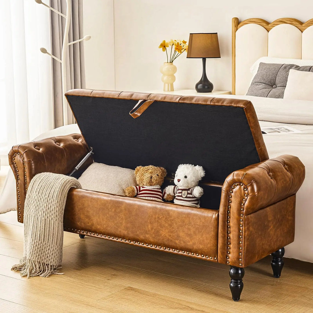 Furnimart Storage Bedroom Bench for End of Bed, Faux Leather Upholstered Storage Ottoman with Rolled Arms for Bedroom,Living Room, Entryway, 2.5Cubic Feet 