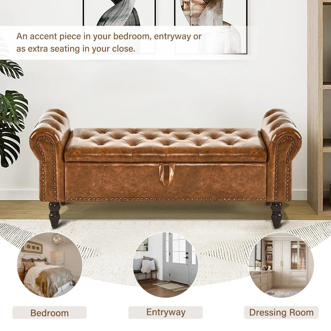 Furnimart Storage Bedroom Bench for End of Bed, Faux Leather Upholstered Storage Ottoman with Rolled Arms for Bedroom,Living Room, Entryway, 2.5Cubic Feet 