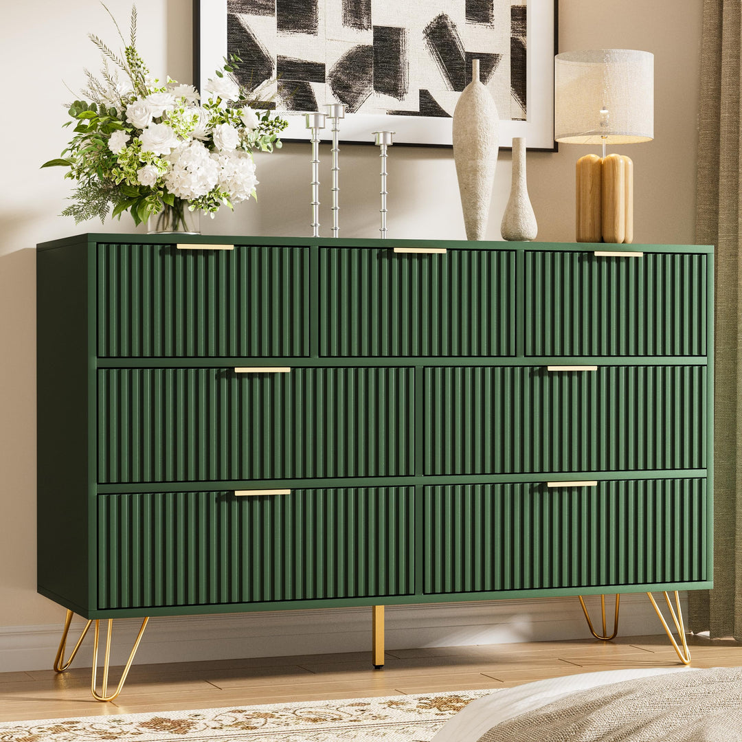 Furniway Dresser for Bedroom, Fluted Modern Dresser with Gold Pulls and 7 Drawers, 15.7" D x 47.2" W x 31.4" H, Green 