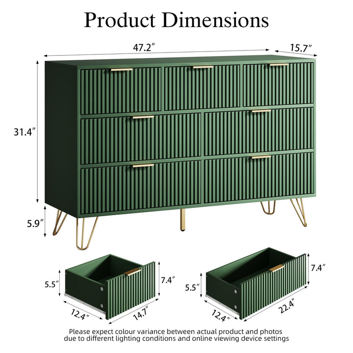 Furniway Dresser for Bedroom, Fluted Modern Dresser with Gold Pulls and 7 Drawers, 15.7" D x 47.2" W x 31.4" H, Green 