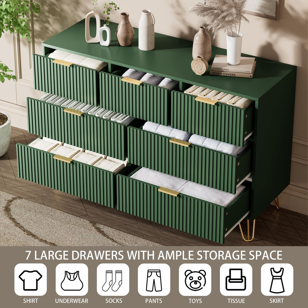 Furniway Dresser for Bedroom, Fluted Modern Dresser with Gold Pulls and 7 Drawers, 15.7" D x 47.2" W x 31.4" H, Green 