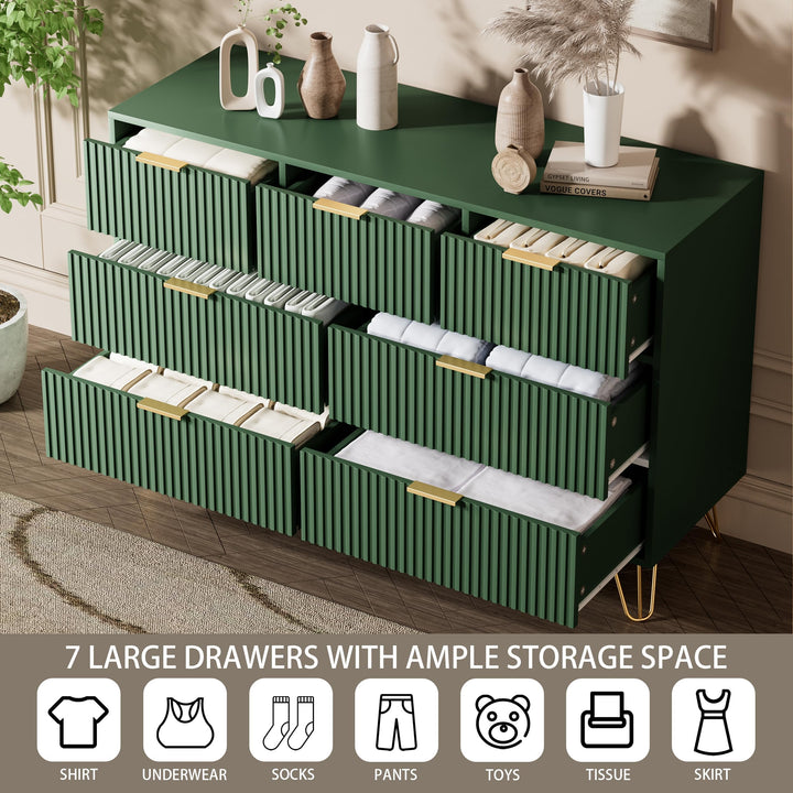Furniway Dresser for Bedroom, Fluted Modern Dresser with Gold Pulls and 7 Drawers, 15.7" D x 47.2" W x 31.4" H, Green 