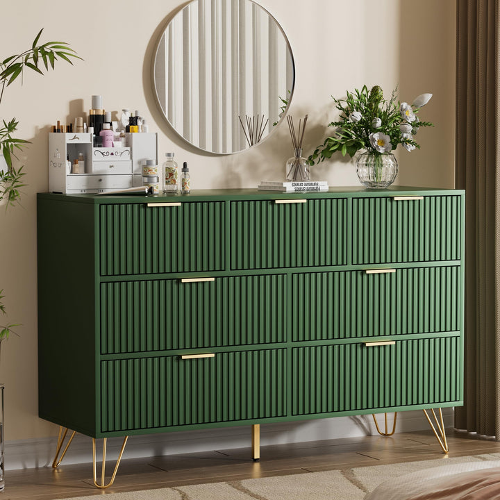 Furniway Dresser for Bedroom, Fluted Modern Dresser with Gold Pulls and 7 Drawers, 15.7" D x 47.2" W x 31.4" H, Green 