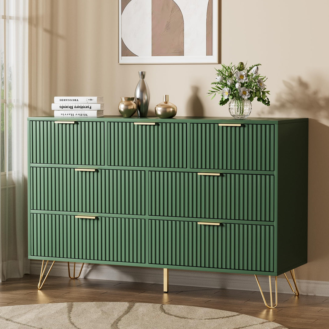 Furniway Dresser for Bedroom, Fluted Modern Dresser with Gold Pulls and 7 Drawers, 15.7" D x 47.2" W x 31.4" H, Green 