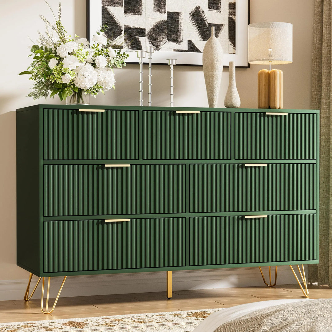 Furniway Dresser for Bedroom, Fluted Modern Dresser with Gold Pulls and 7 Drawers, 15.7" D x 47.2" W x 31.4" H, Green 