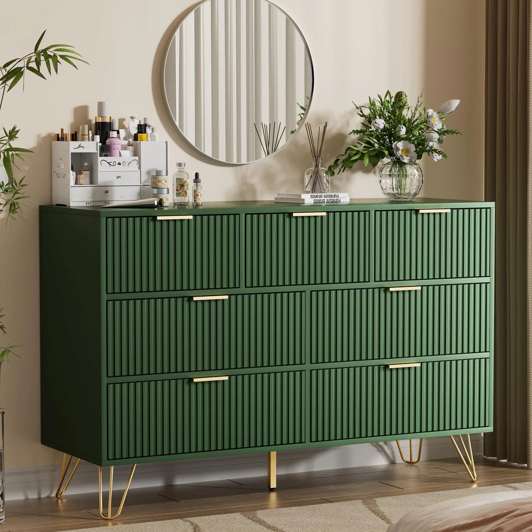 Furniway Dresser for Bedroom, Fluted Modern Dresser with Gold Pulls and 7 Drawers, 15.7" D x 47.2" W x 31.4" H, Green 