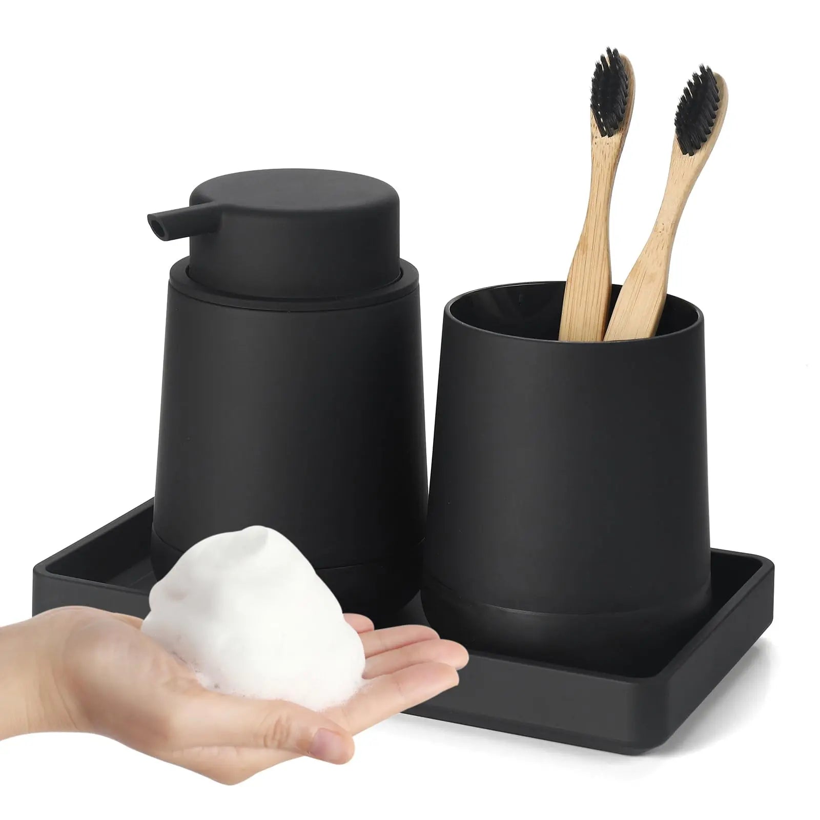 GAHEFY Black Bathroom Countertop Accessories Set - Foaming Soap Dispenser and Toothbrush Holder with Silicone Boot,Vanity Tray (Black Foam) 