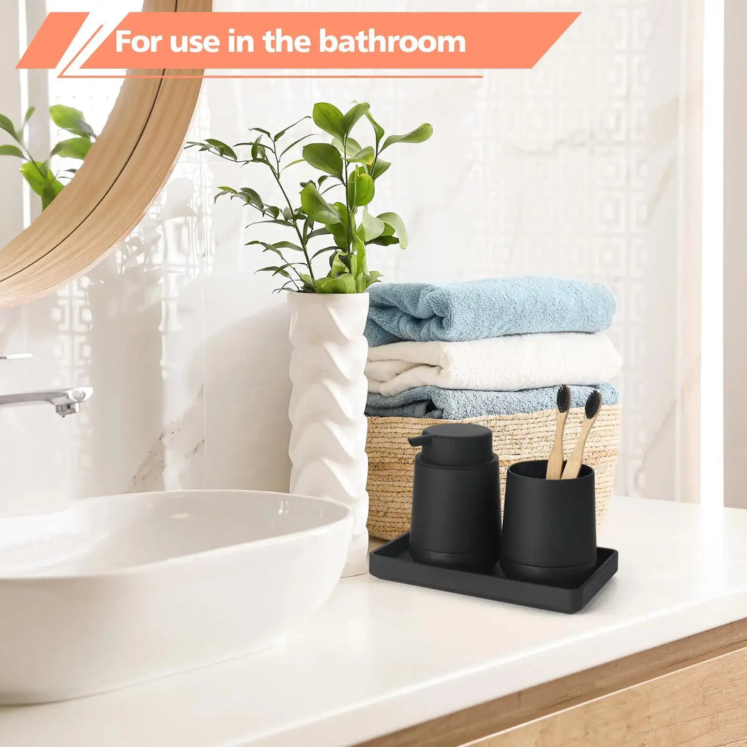 GAHEFY Black Bathroom Countertop Accessories Set - Foaming Soap Dispenser and Toothbrush Holder with Silicone Boot,Vanity Tray (Black Foam) 