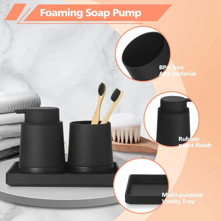 GAHEFY Black Bathroom Countertop Accessories Set - Foaming Soap Dispenser and Toothbrush Holder with Silicone Boot,Vanity Tray (Black Foam) 