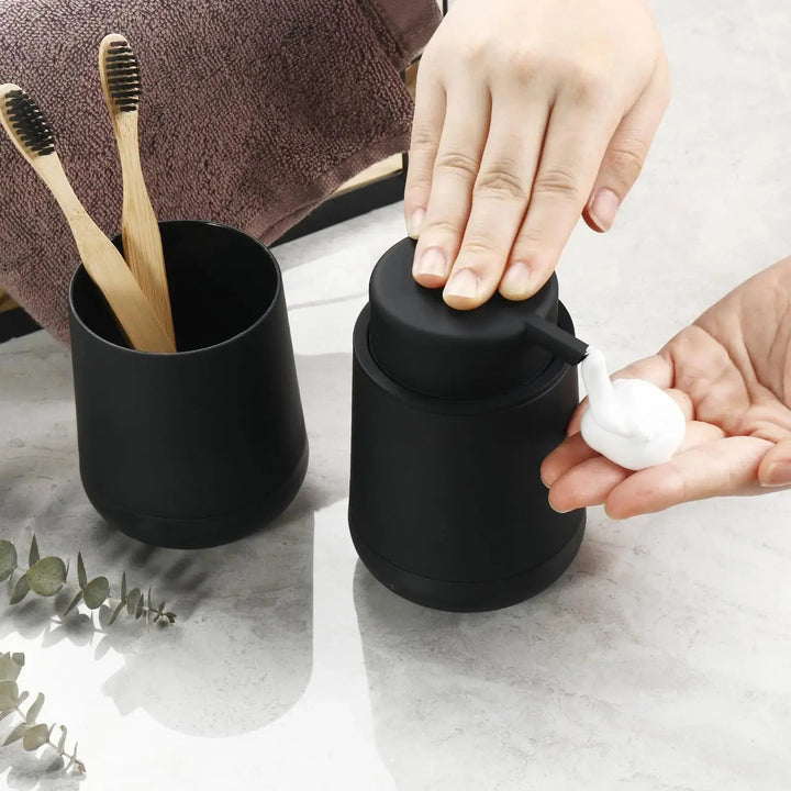 GAHEFY Black Bathroom Countertop Accessories Set - Foaming Soap Dispenser and Toothbrush Holder with Silicone Boot,Vanity Tray (Black Foam) 