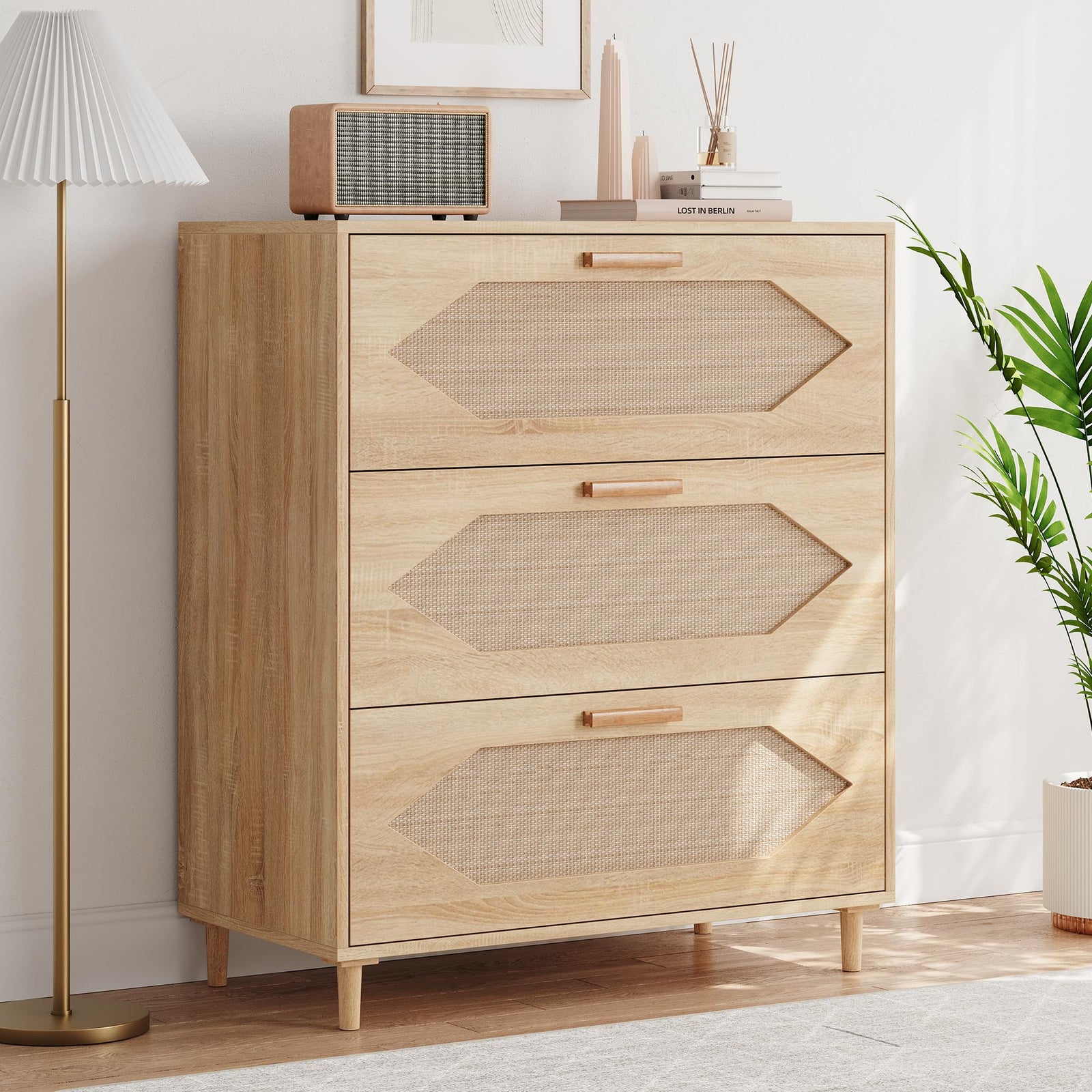 GAOMON 3 Drawer Dresser for Bedroom, 31.5 Inch Wide Rattan Modern Closet Dressers Chest of Drawers, Wood Oak Storage Chest for Kids Bedroom, Hallway, Living Room, Hallway, Natural 