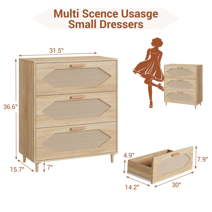 GAOMON 3 Drawer Dresser for Bedroom, 31.5 Inch Wide Rattan Modern Closet Dressers Chest of Drawers, Wood Oak Storage Chest for Kids Bedroom, Hallway, Living Room, Hallway, Natural 
