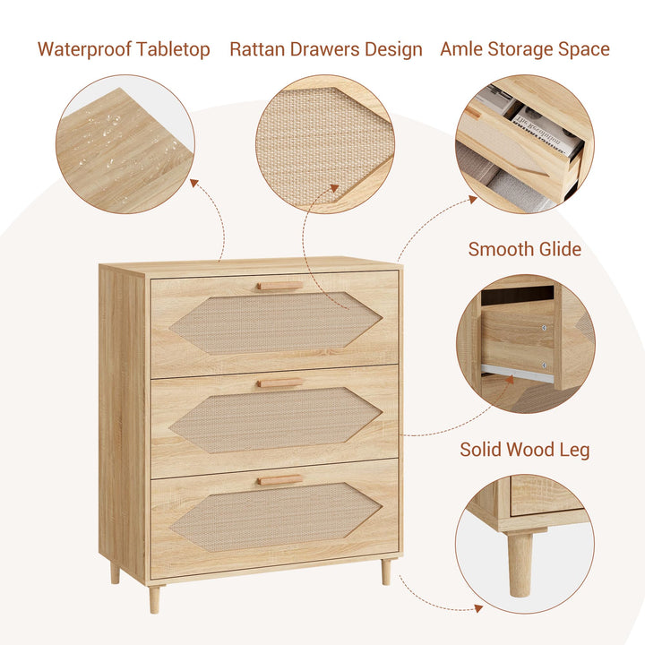GAOMON 3 Drawer Dresser for Bedroom, 31.5 Inch Wide Rattan Modern Closet Dressers Chest of Drawers, Wood Oak Storage Chest for Kids Bedroom, Hallway, Living Room, Hallway, Natural 