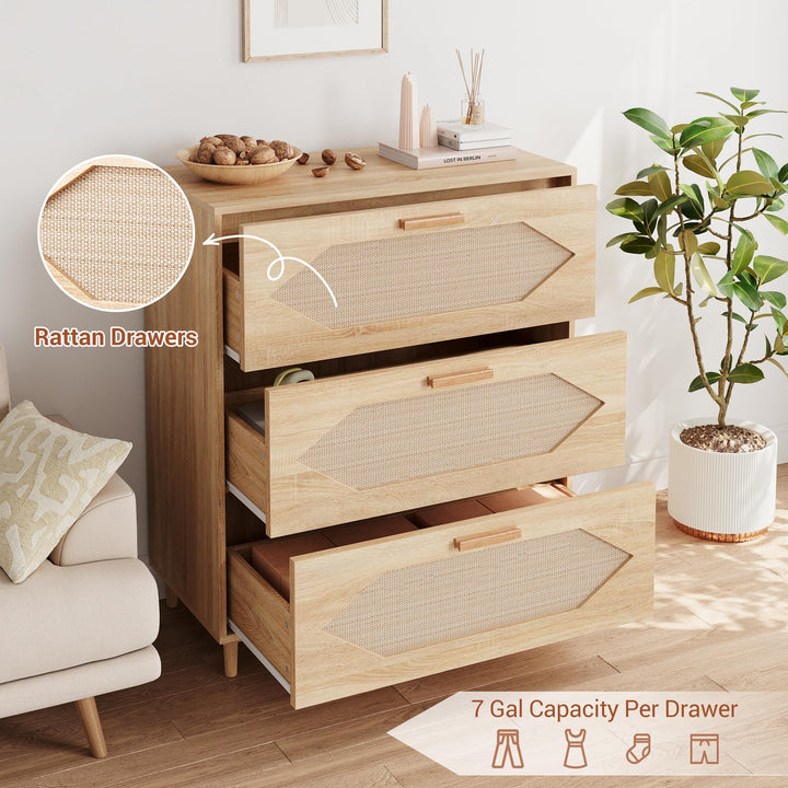 GAOMON 3 Drawer Dresser for Bedroom, 31.5 Inch Wide Rattan Modern Closet Dressers Chest of Drawers, Wood Oak Storage Chest for Kids Bedroom, Hallway, Living Room, Hallway, Natural 