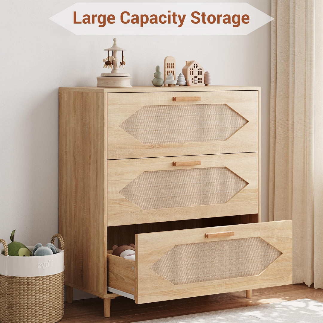 GAOMON 3 Drawer Dresser for Bedroom, 31.5 Inch Wide Rattan Modern Closet Dressers Chest of Drawers, Wood Oak Storage Chest for Kids Bedroom, Hallway, Living Room, Hallway, Natural 