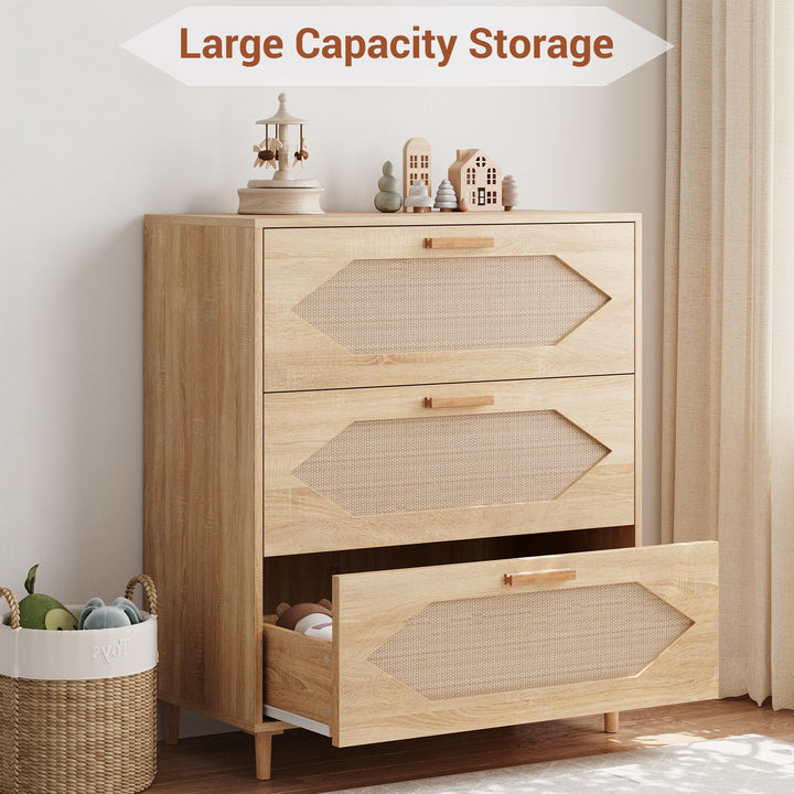GAOMON 3 Drawer Dresser for Bedroom, 31.5 Inch Wide Rattan Modern Closet Dressers Chest of Drawers, Wood Oak Storage Chest for Kids Bedroom, Hallway, Living Room, Hallway, Natural 