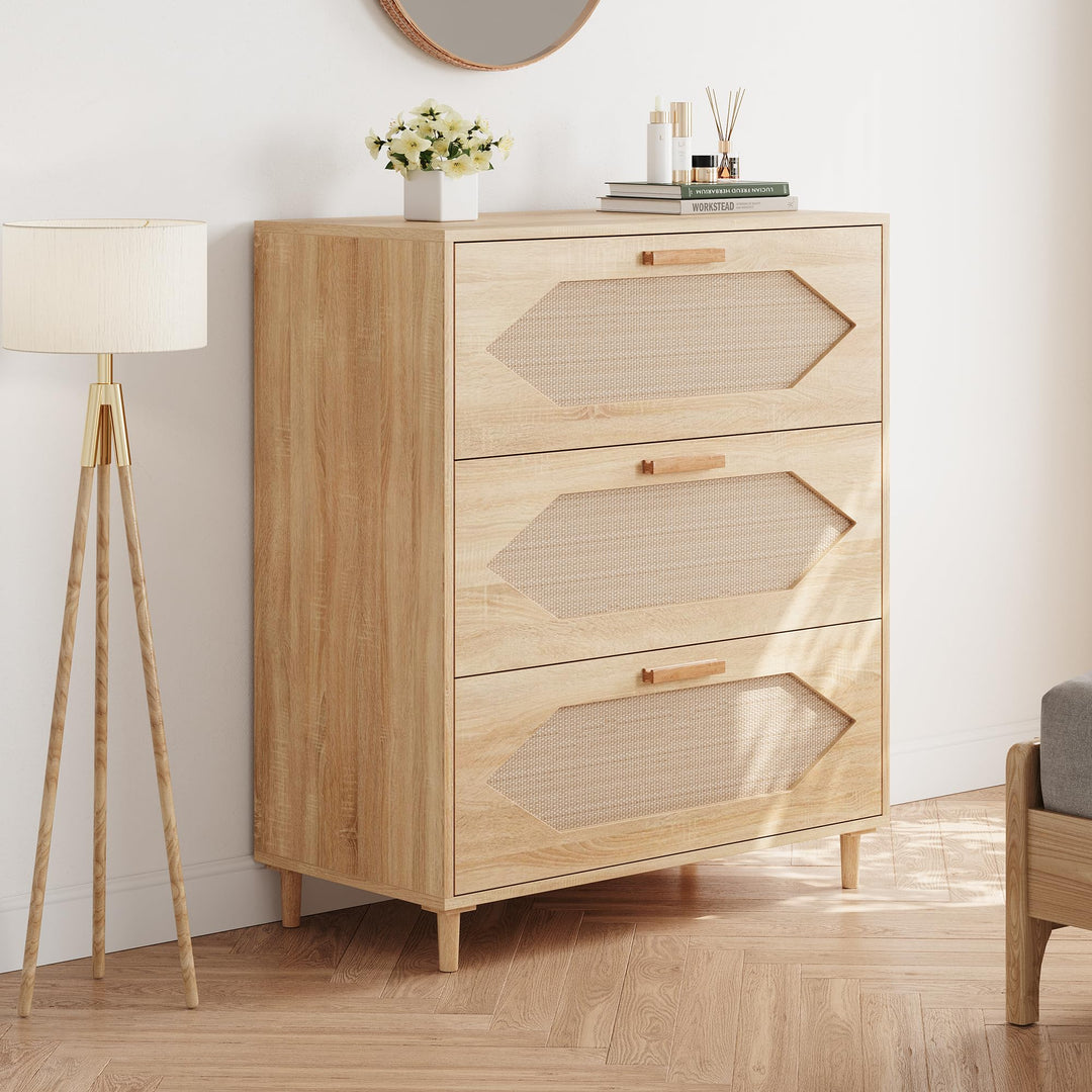 GAOMON 3 Drawer Dresser for Bedroom, 31.5 Inch Wide Rattan Modern Closet Dressers Chest of Drawers, Wood Oak Storage Chest for Kids Bedroom, Hallway, Living Room, Hallway, Natural 