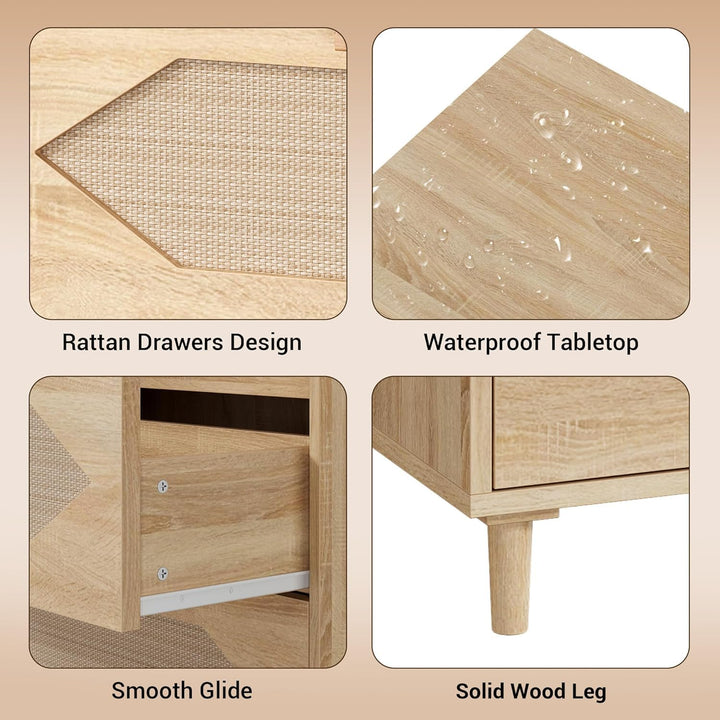 GAOMON 3 Drawer Dresser for Bedroom, 31.5 Inch Wide Rattan Modern Closet Dressers Chest of Drawers, Wood Oak Storage Chest for Kids Bedroom, Hallway, Living Room, Hallway, Natural 