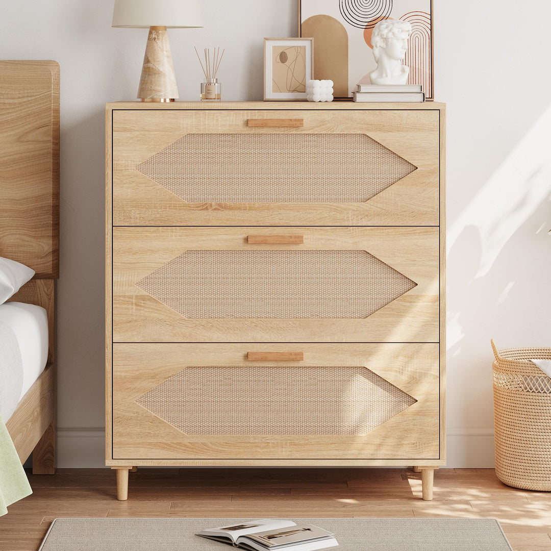 GAOMON 3 Drawer Dresser for Bedroom, 31.5 Inch Wide Rattan Modern Closet Dressers Chest of Drawers, Wood Oak Storage Chest for Kids Bedroom, Hallway, Living Room, Hallway, Natural 