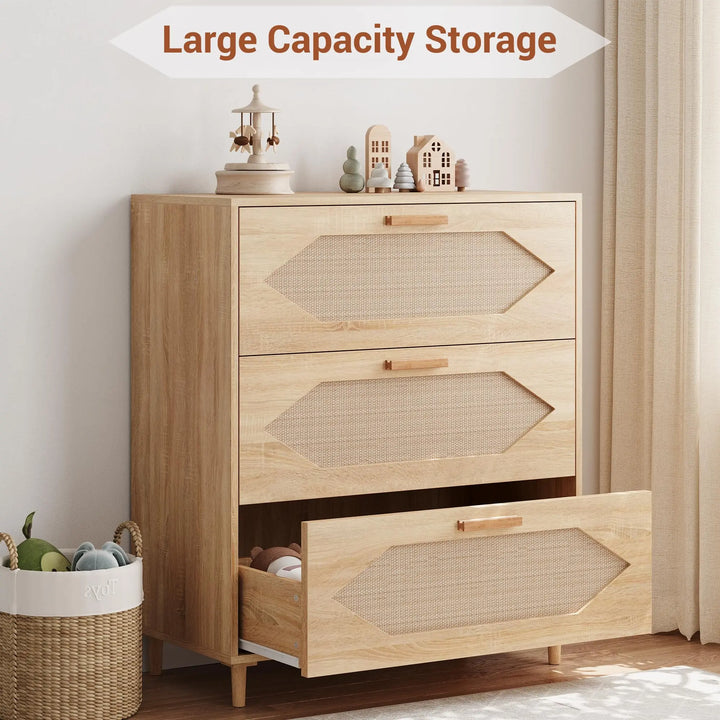 GAOMON 3 Drawer Dresser for Bedroom, 31.5 Inch Wide Rattan Modern Closet Dressers Chest of Drawers, Wood Oak Storage Chest for Kids Bedroom, Hallway, Living Room, Hallway, Natural 