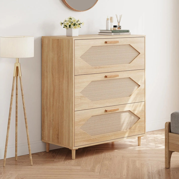 GAOMON 3 Drawer Dresser for Bedroom, 31.5 Inch Wide Rattan Modern Closet Dressers Chest of Drawers, Wood Oak Storage Chest for Kids Bedroom, Hallway, Living Room, Hallway, Natural 