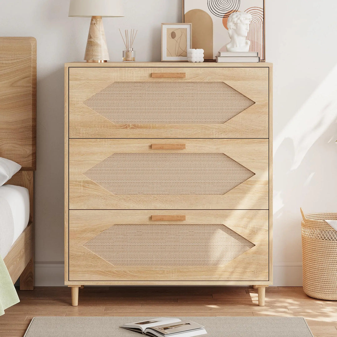 GAOMON 3 Drawer Dresser for Bedroom, 31.5 Inch Wide Rattan Modern Closet Dressers Chest of Drawers, Wood Oak Storage Chest for Kids Bedroom, Hallway, Living Room, Hallway, Natural 