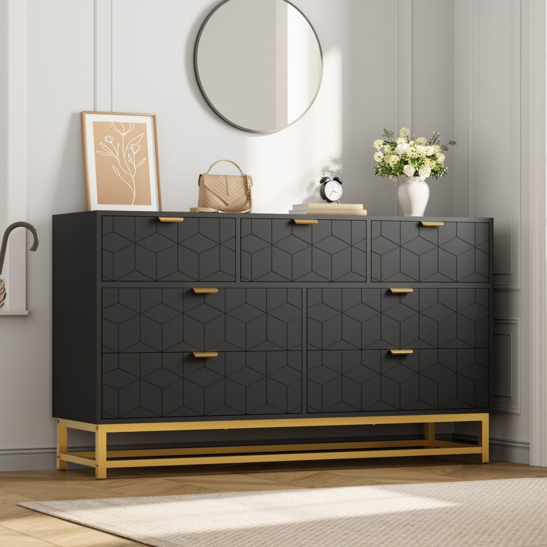 GAOMON 7 Drawer Large Dresser, Black Lacquer Chest, Bedroom Storage 