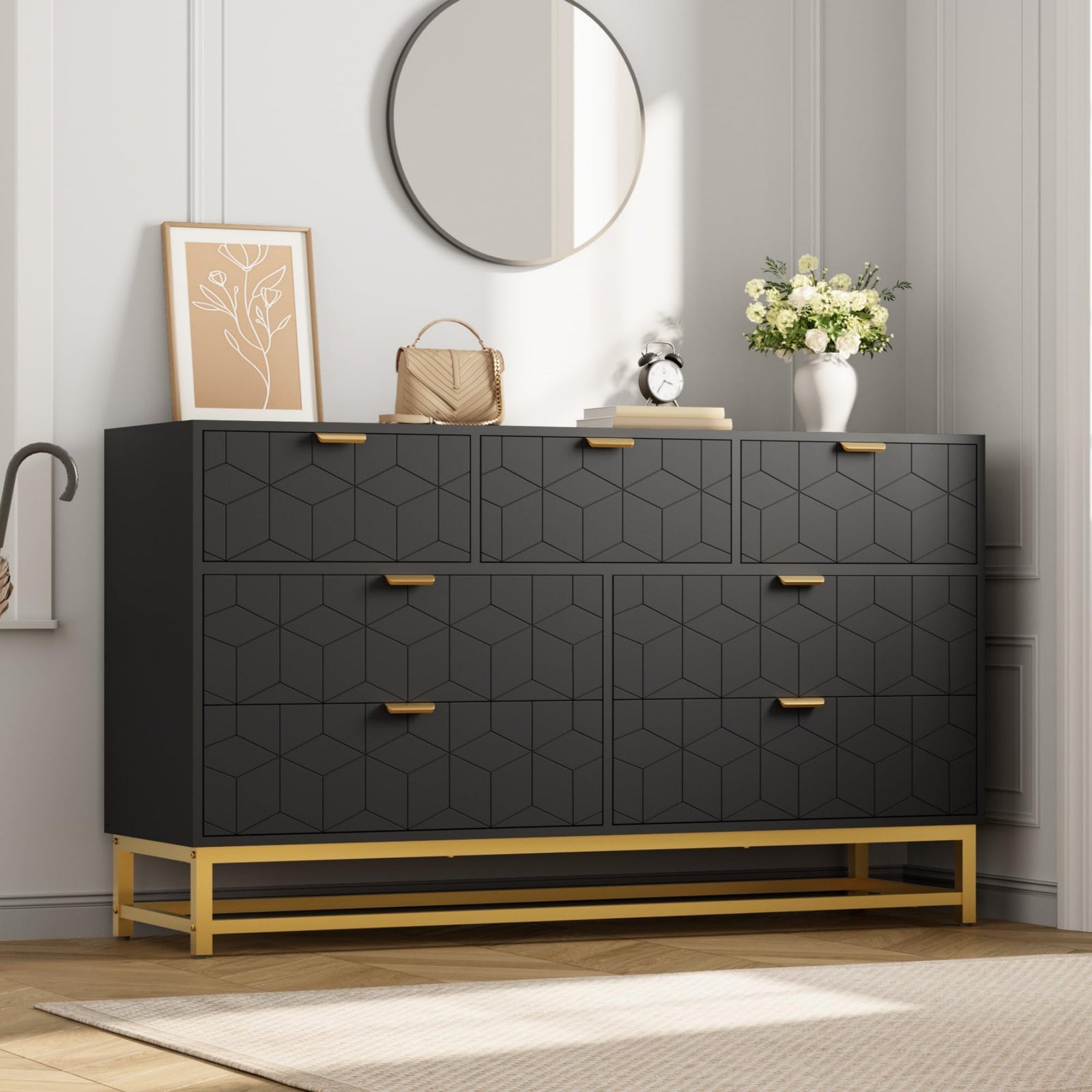 GAOMON 7 Drawer Large Dresser, Black Lacquer Chest, Bedroom Storage 