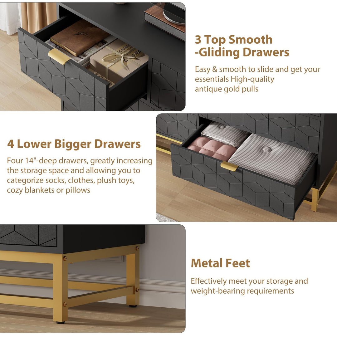 GAOMON 7 Drawer Large Dresser, Black Lacquer Chest, Bedroom Storage 
