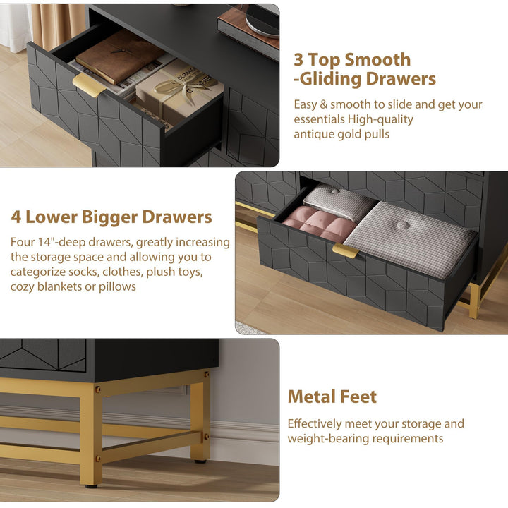 GAOMON 7 Drawer Large Dresser, Black Lacquer Chest, Bedroom Storage 