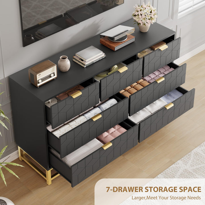 GAOMON 7 Drawer Large Dresser, Black Lacquer Chest, Bedroom Storage 