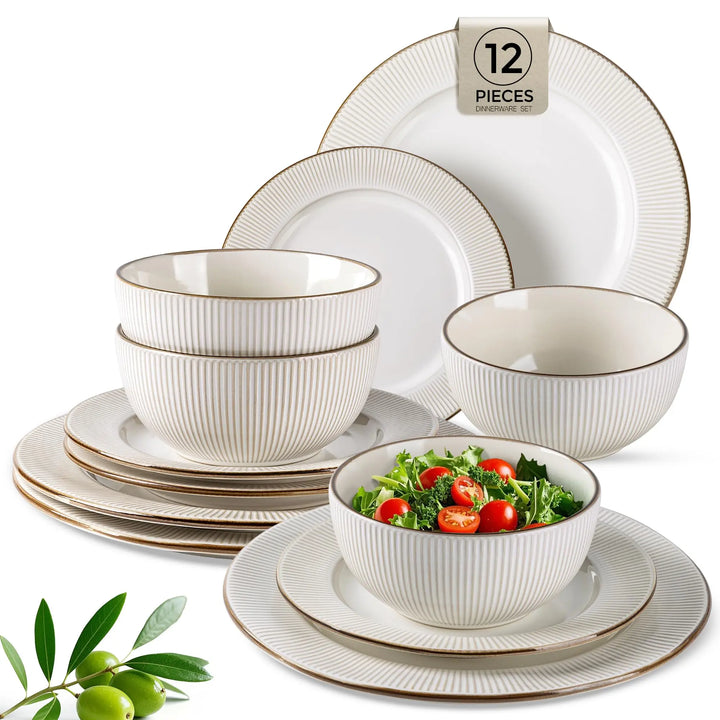 GBHOME Ceramic Dinnerware Sets 12 pcs Embossed Elegant Stoneware Plates and Bowls