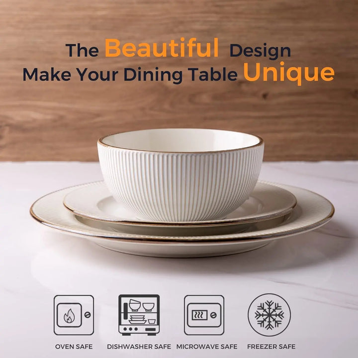GBHOME Ceramic Dinnerware Sets 12 pcs Embossed Elegant Stoneware Plates and Bowls