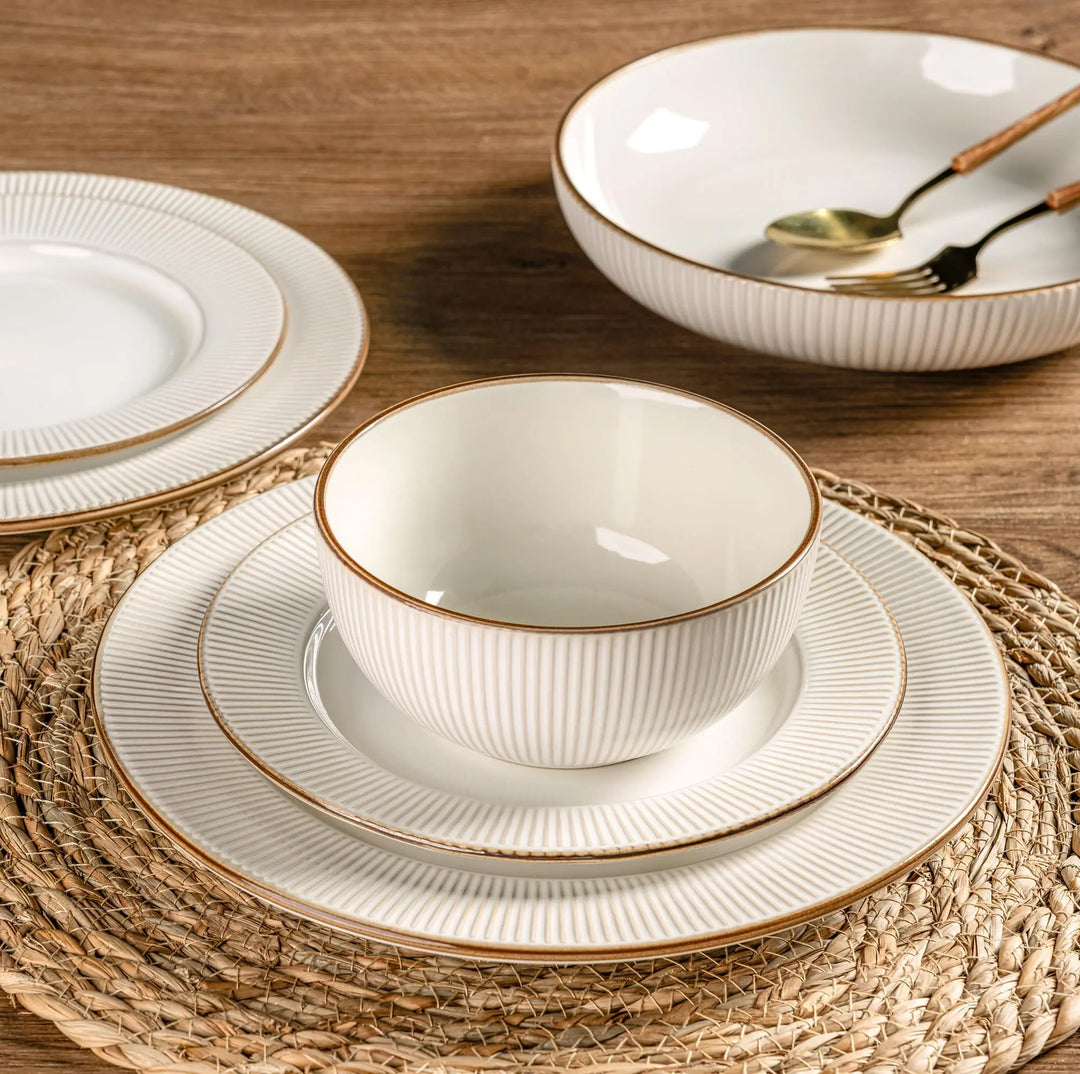 GBHOME Ceramic Dinnerware Sets 12 pcs Embossed Elegant Stoneware Plates and Bowls