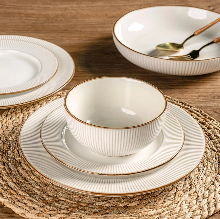 GBHOME Ceramic Dinnerware Sets 12 pcs Embossed Elegant Stoneware Plates and Bowls
