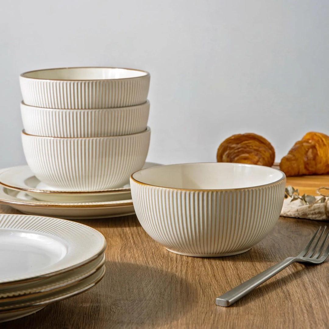 GBHOME Ceramic Dinnerware Sets 12 pcs Embossed Elegant Stoneware Plates and Bowls