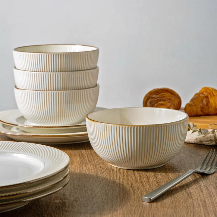 GBHOME Ceramic Dinnerware Sets 12 pcs Embossed Elegant Stoneware Plates and Bowls