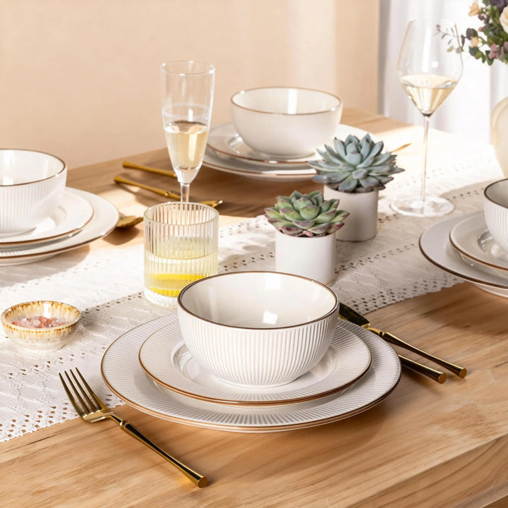 GBHOME Ceramic Dinnerware Sets 12 pcs Embossed Elegant Stoneware Plates and Bowls